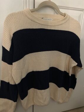 Primark Cream and Navy Wide-Stripe Crew Neck Sweater